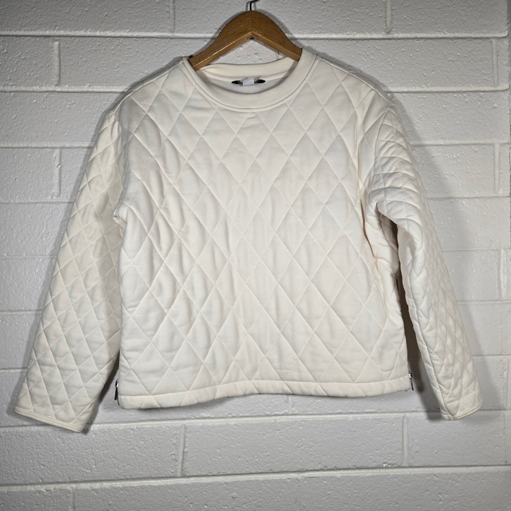 Athleta Quilted Diamond Crewneck Sweatshirt Medium Cream Side Zip Pullover Crew